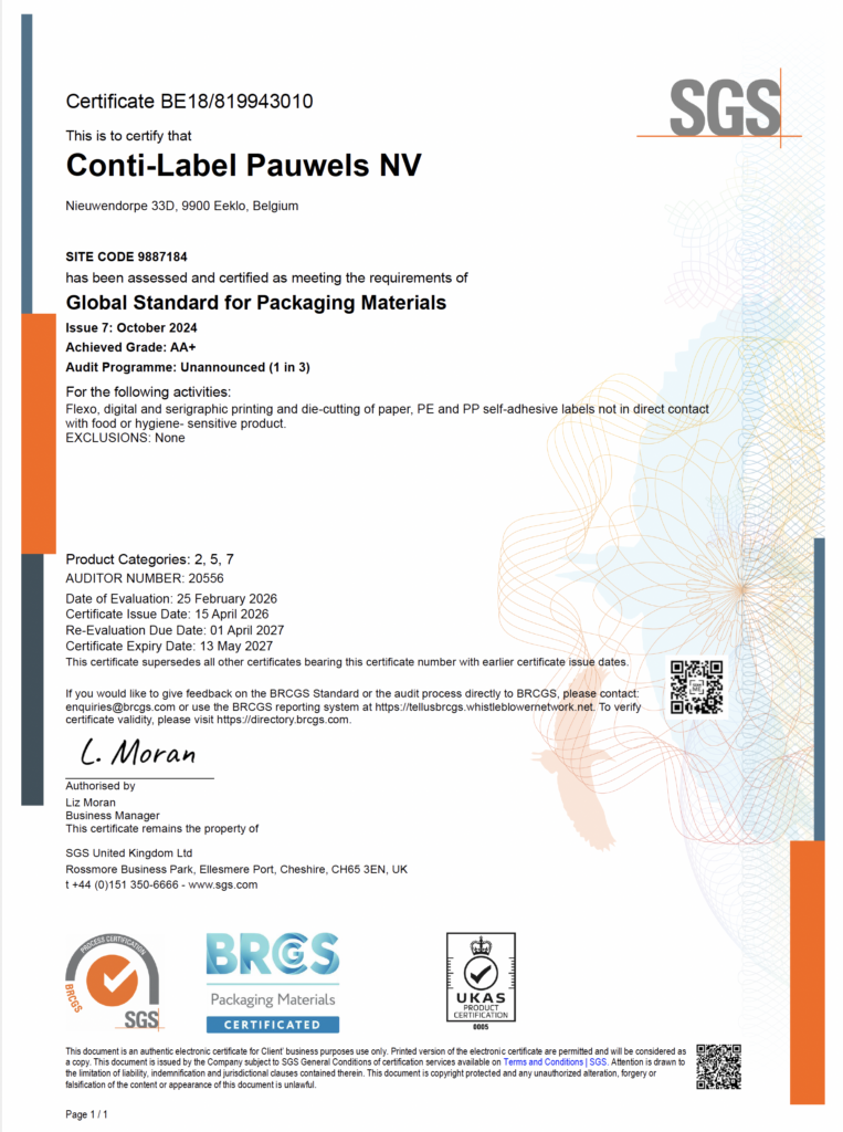 BRCGS Packaging Materials certificaat van Conti-Label Pauwels NV