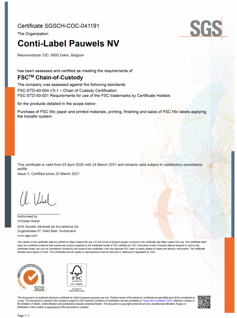 FSC Chain of Custody certificaat FSC-C165541 van Conti-Label