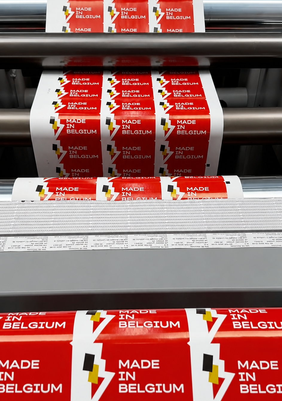 Zelfklevende Made in Belgium labels tijdens de productie bij Conti-Label